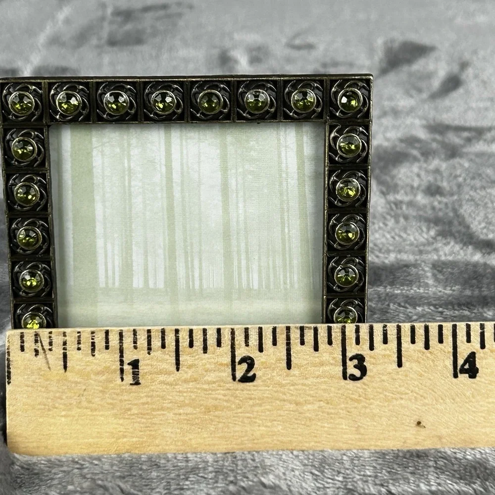 VTG Brass Jeweled Metal Square Frame Green Peridot Colored Rhinestones Boho‎